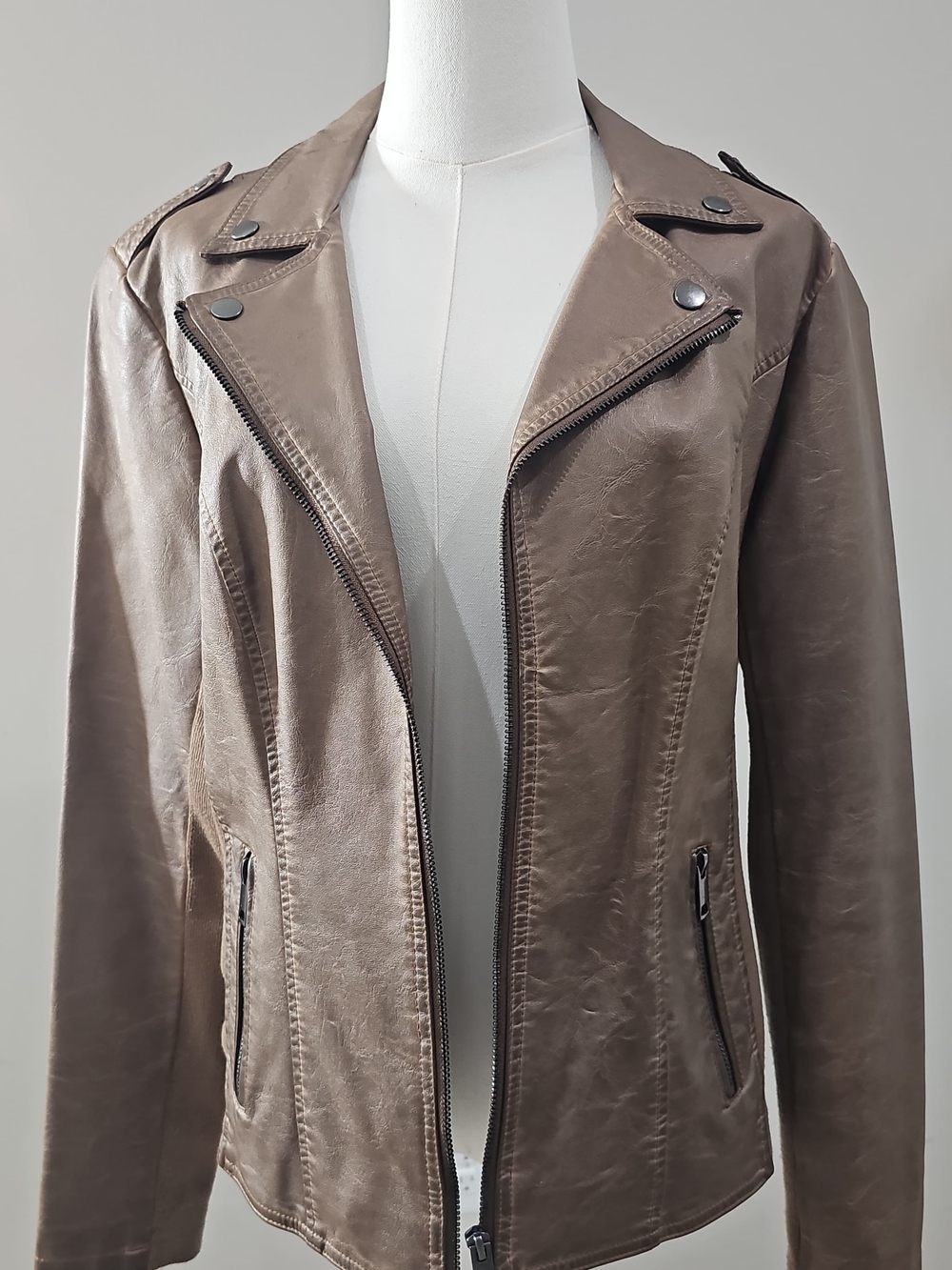 Sebby Collection Faux Leather Moto Jacket L Taupe Brown Biker